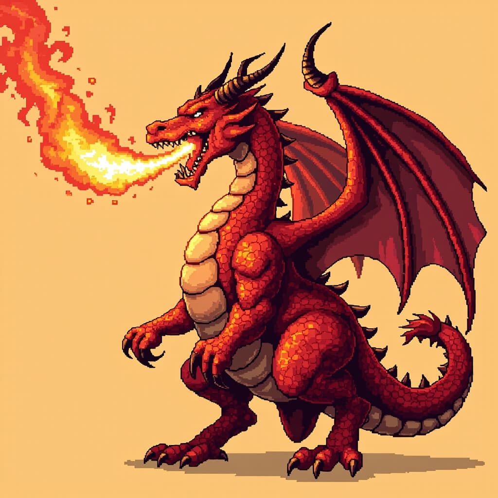 Red dragon with massive wings breathing fire, side view