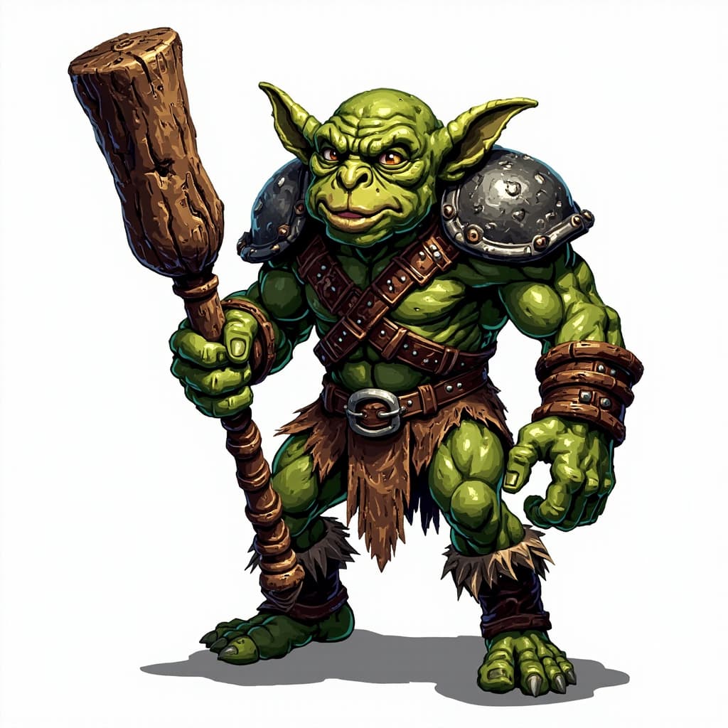 Green goblin with wooden club and leather armor, front view