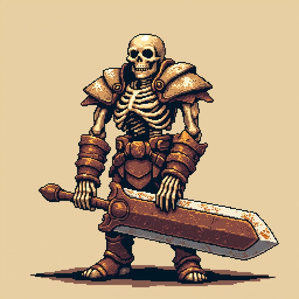 Skeleton warrior with rusty sword and bone armor, side view