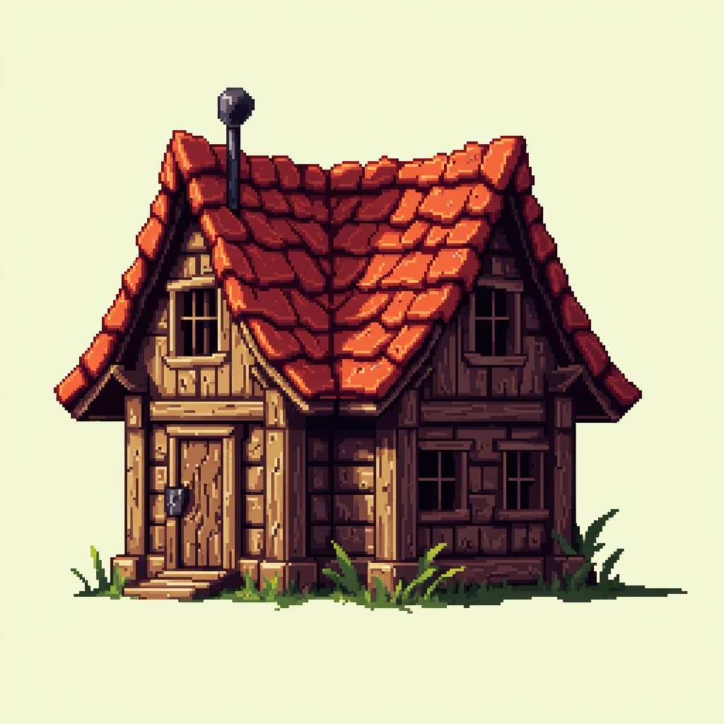 Small fantasy cottage with wooden walls and red roof, side view