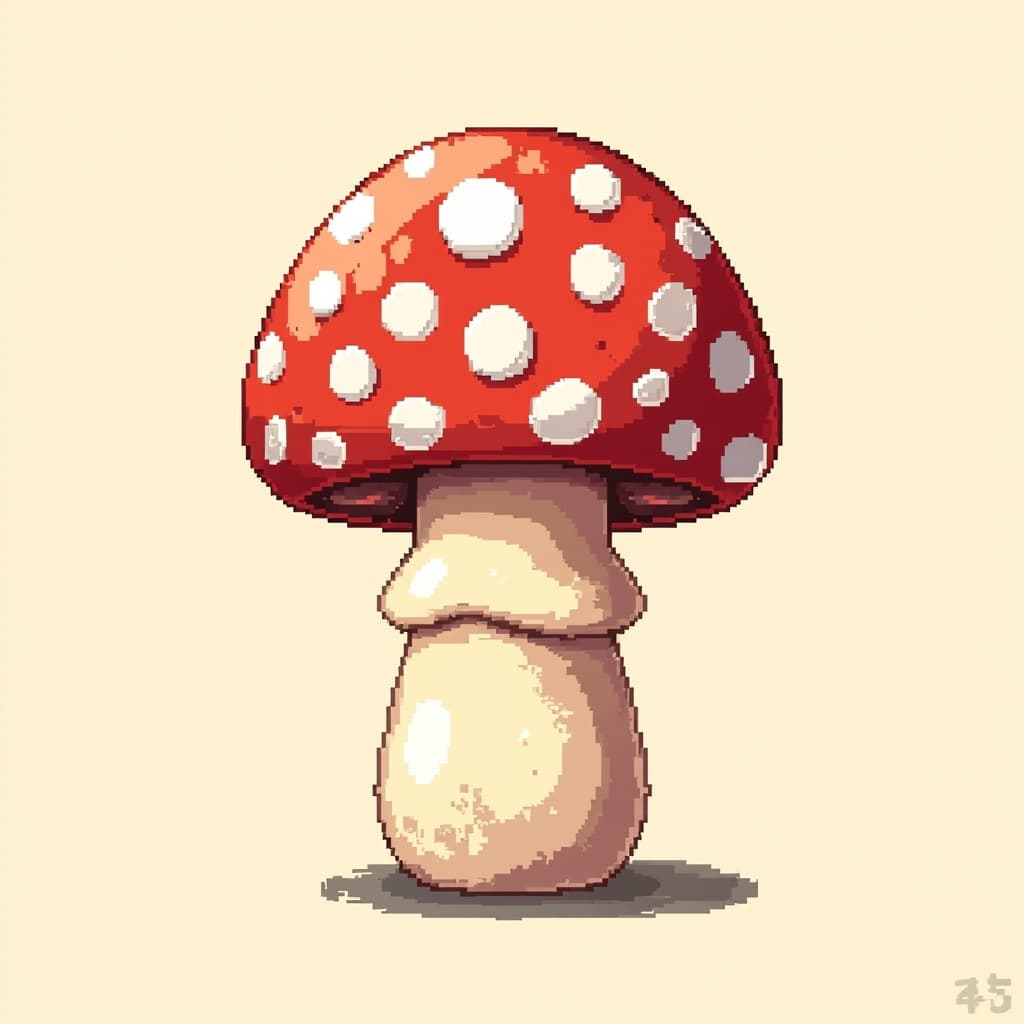 Giant red and white spotted mushroom, side view