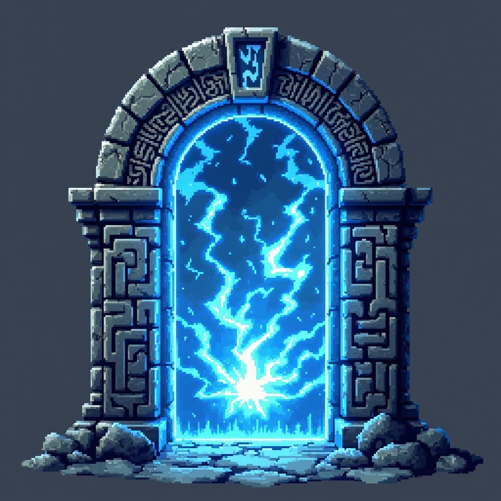 Magic stone portal glowing blue, runes around the frame, front view