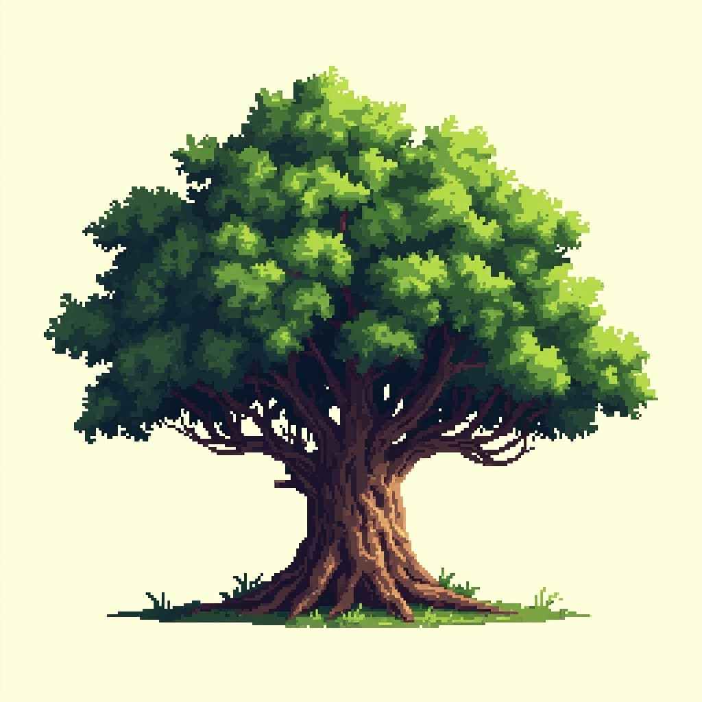 Pixel art oak tree with green leaves and brown trunk, side view