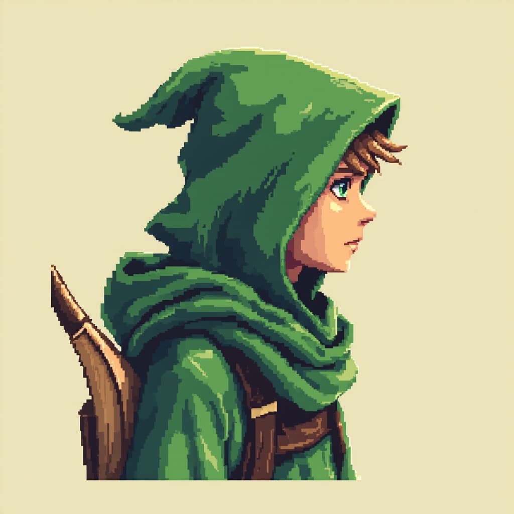 Elf archer with green hood and longbow, side profile