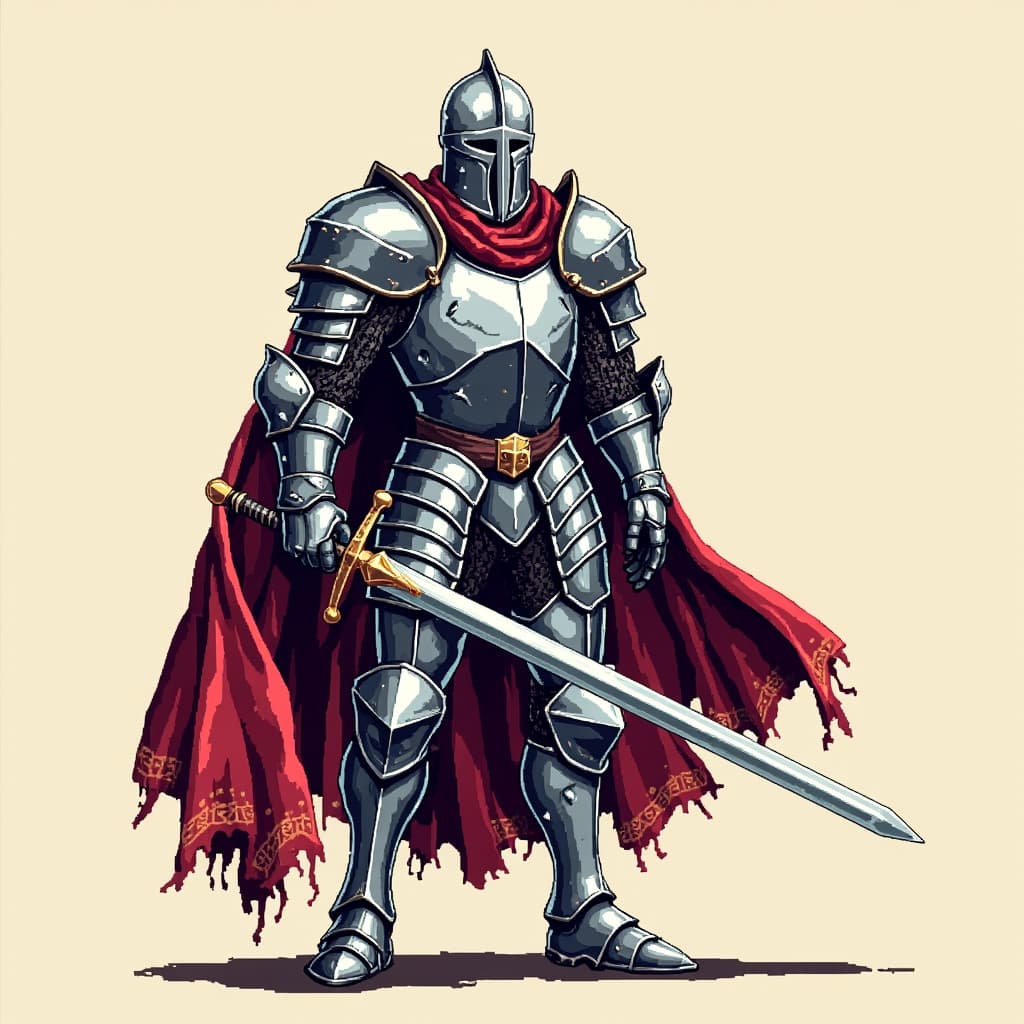 Brave knight in shining silver armor with sword and red cape, side view