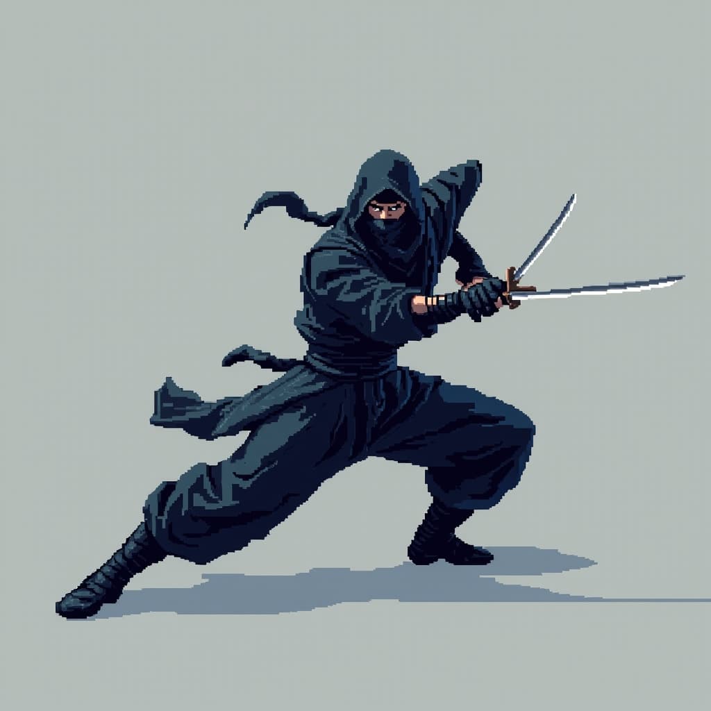 Black-clad ninja holding shuriken, dynamic pose, side view