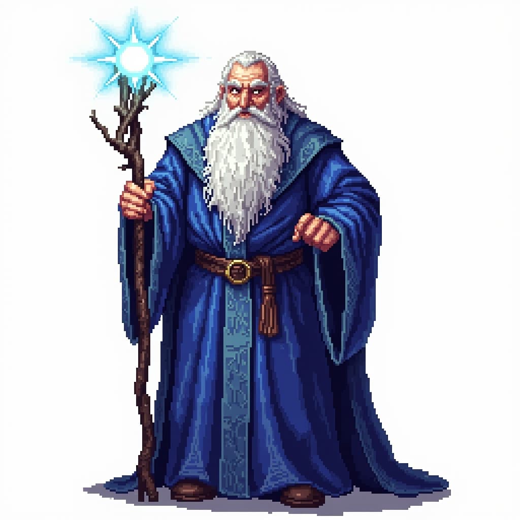 Old wizard with long white beard, blue robe, glowing magic staff, idle pose