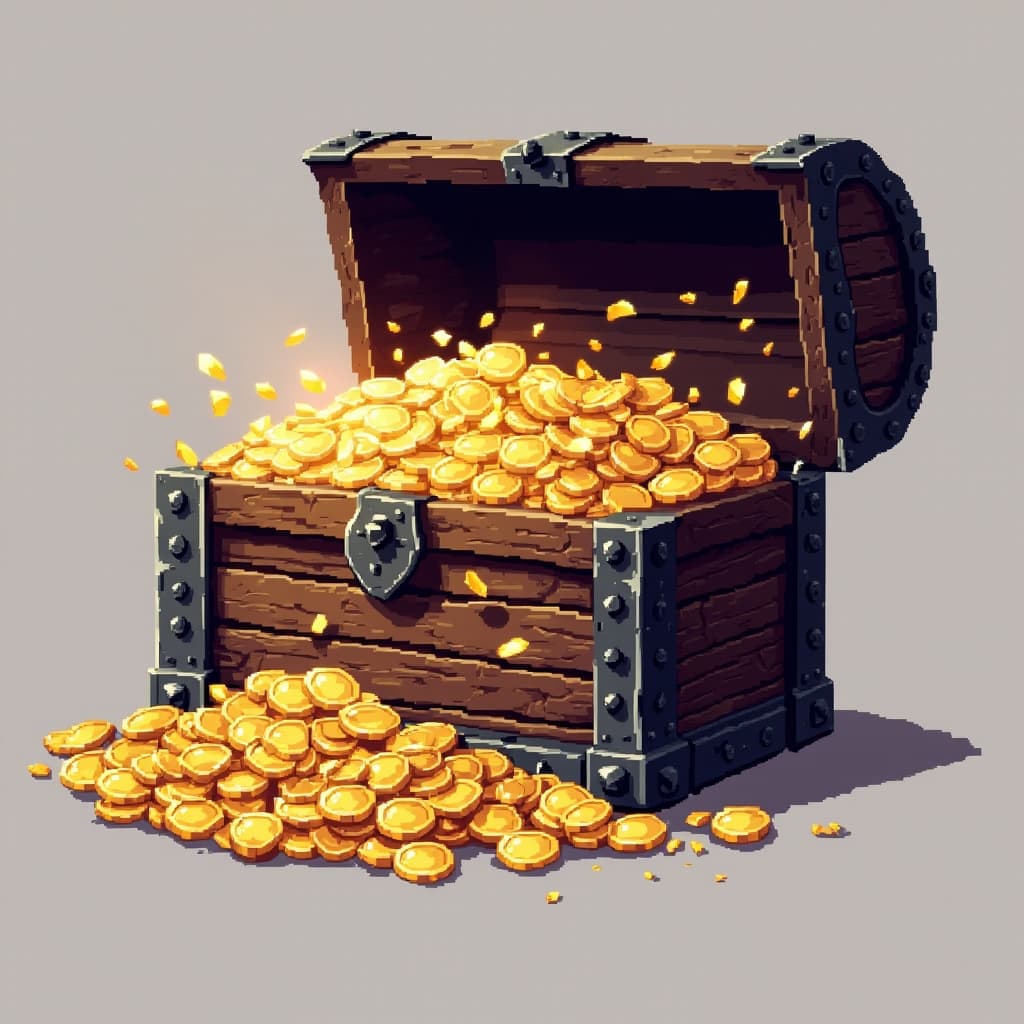 Wooden treasure chest open with gold coins spilling out