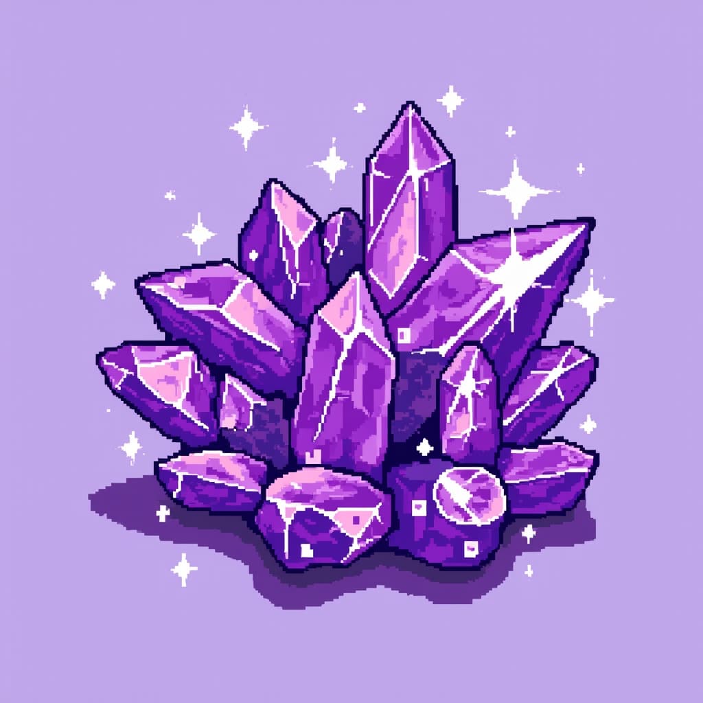 Sparkling purple crystal gem cluster, top-down view