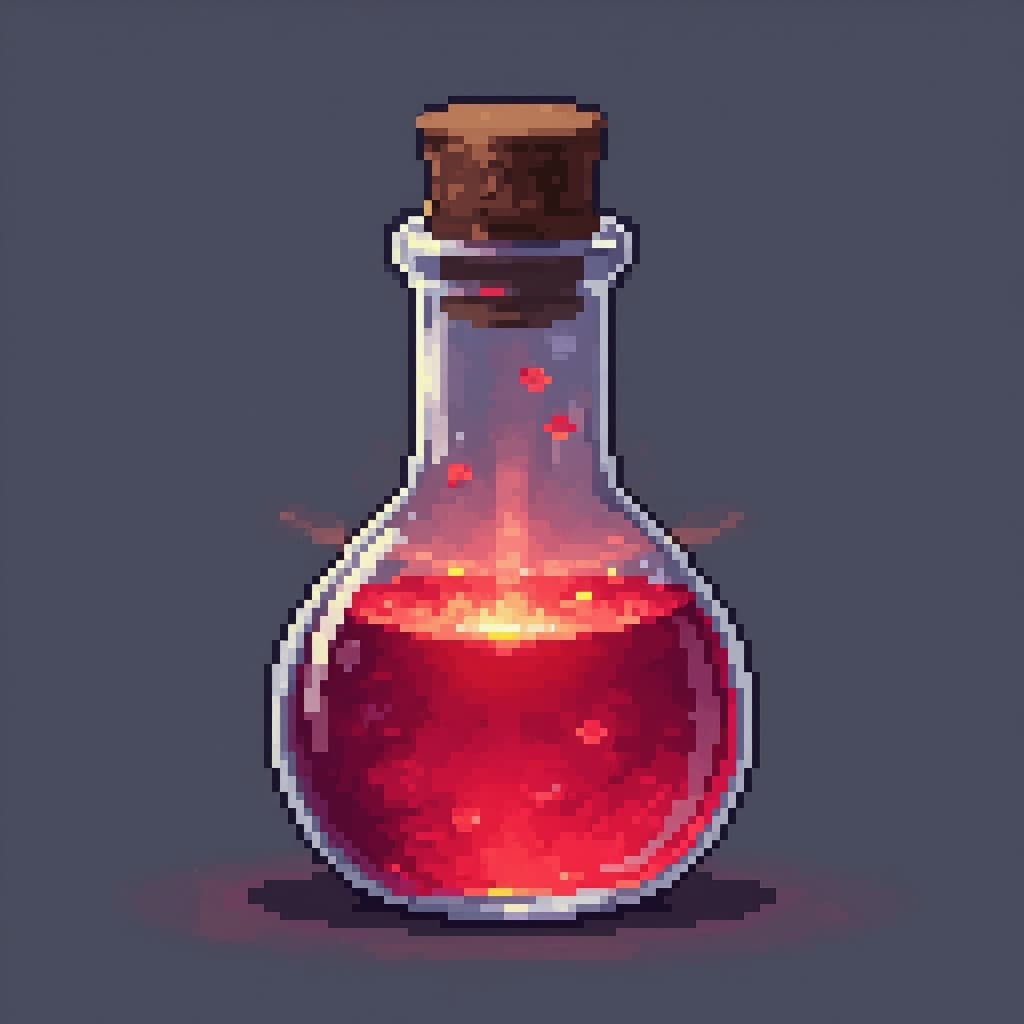 Glass health potion bottle with glowing red liquid, item icon