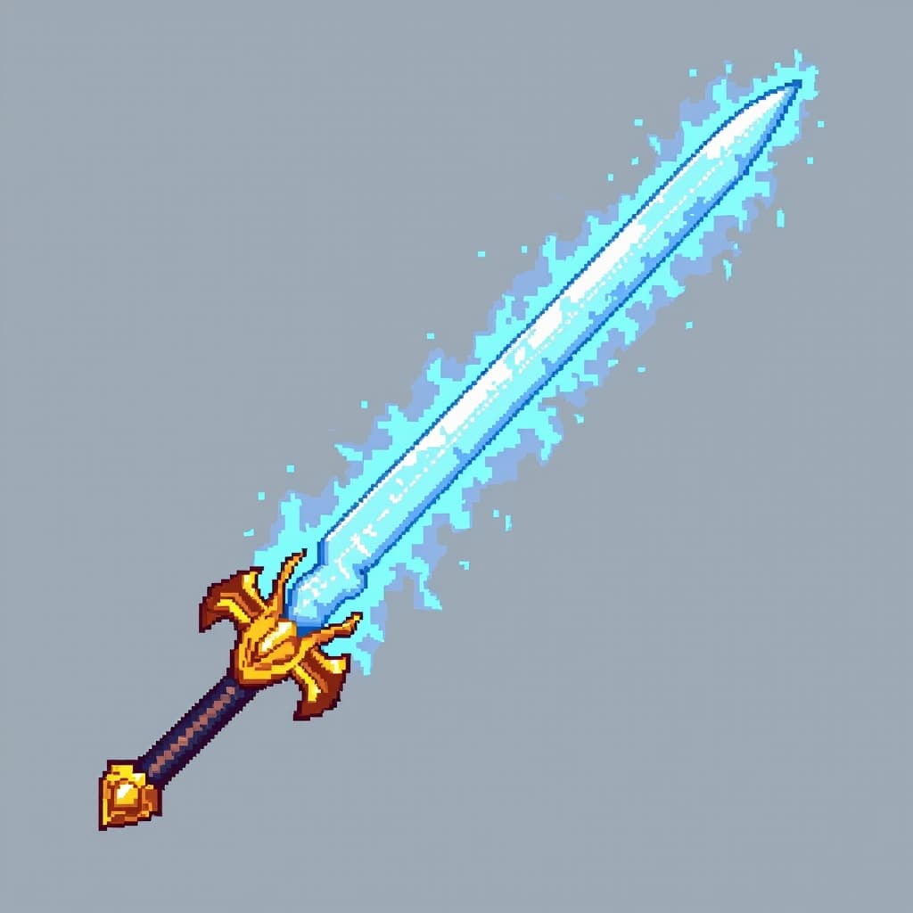 Magic sword with glowing blue blade and golden hilt, weapon icon