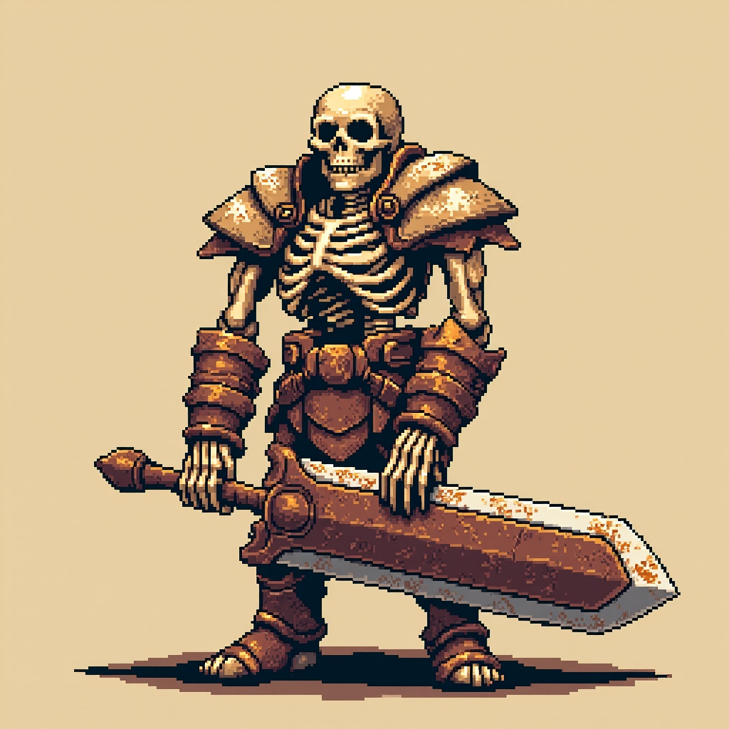 Skeleton warrior with rusty sword and bone armor, side view