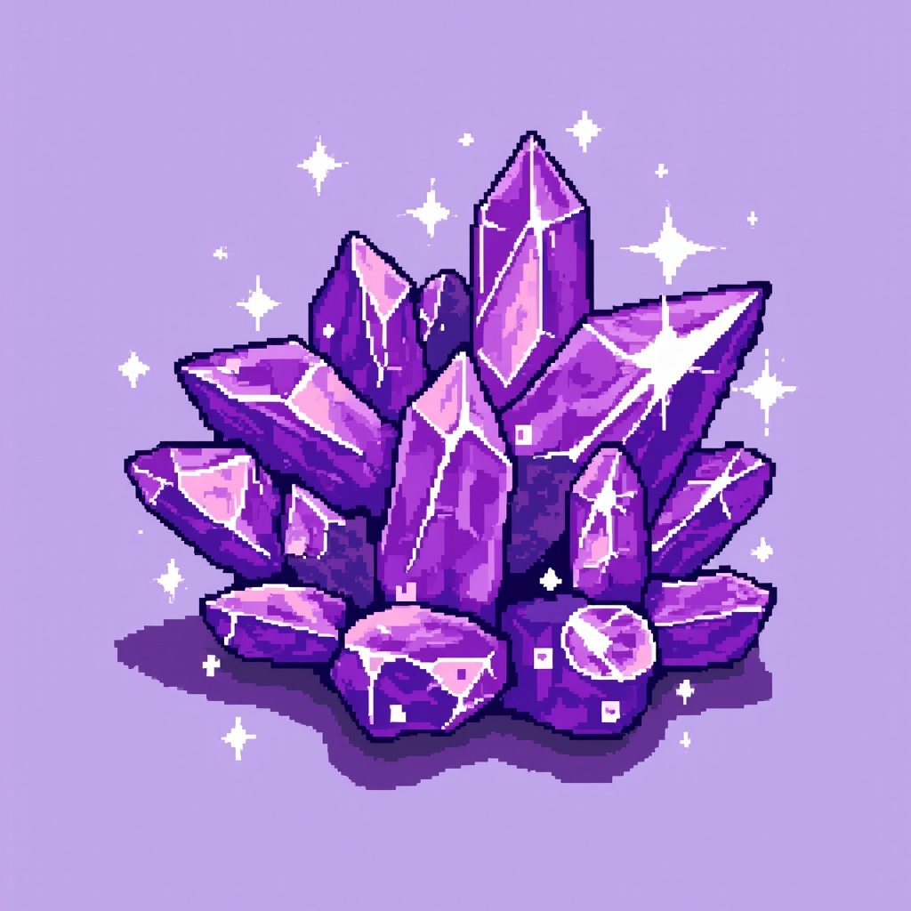 Sparkling purple crystal gem cluster, top-down view